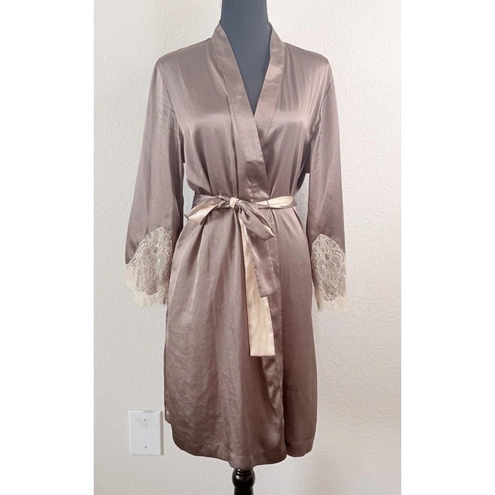 Oscar de la Renta Neiman Marcus Robe Sz M Satin Lace Trim Mauve Vintage Designer